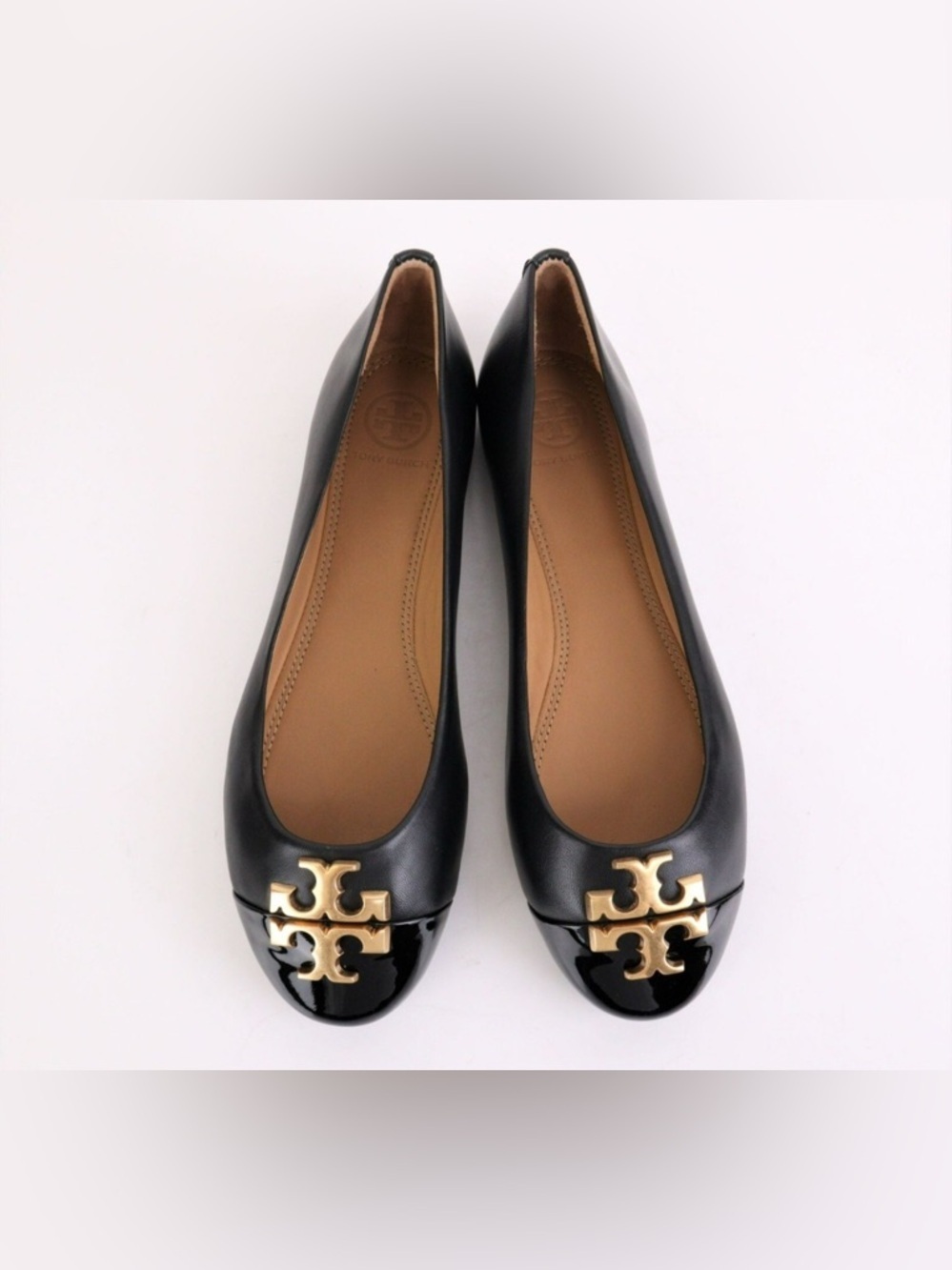 Tory Burch Everly Cap Toe Ballet Flats Leather Logo Bow Shoes Womens Size 5.5M